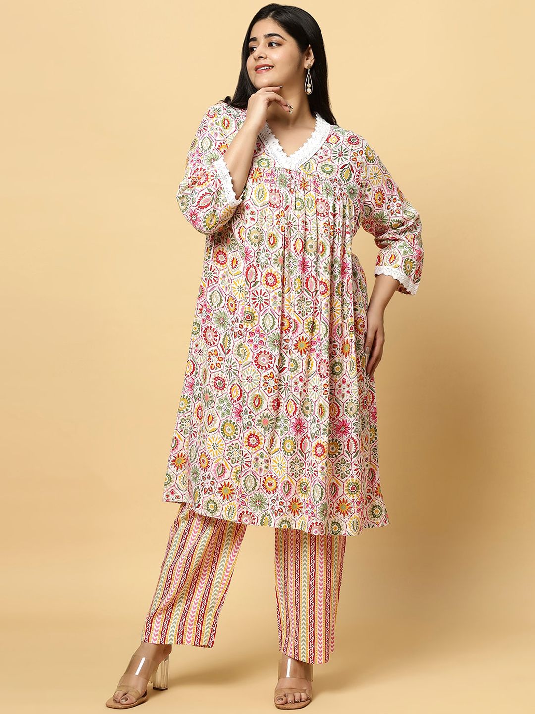 Sztori Plus Size Floral Printed V- Neck Pleated Pure Cotton A-Line Kurta With Lace Detail - Distacart