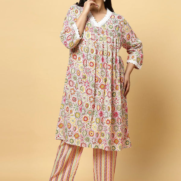 Sztori Plus Size Floral Printed V- Neck Pleated Pure Cotton A-Line Kurta With Lace Detail - Distacart