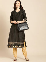 Thumbnail for All About You Women Black & Gold Striped Regular Kurta with Trousers - Distacart