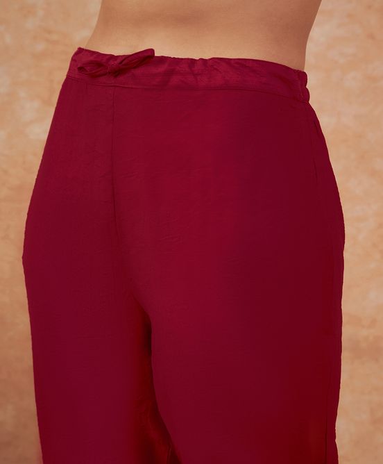 Sangria Maroon Floral Embroidered Straight Kurta With Trousers & Dupatta