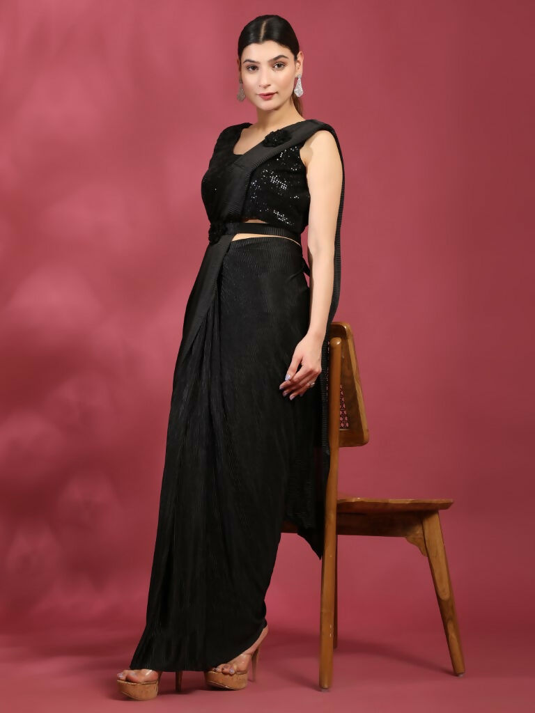 Black Imported Crush Lycra Texture Pattern Ready to Wear Saree with stitched Blouse - Nirvana - Distacart