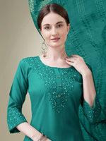 Thumbnail for Jyoti Fashion Women's Teal Cotton Blend Embroidery & Sequence work Kurta with Trouser & Dupatta - Distacart