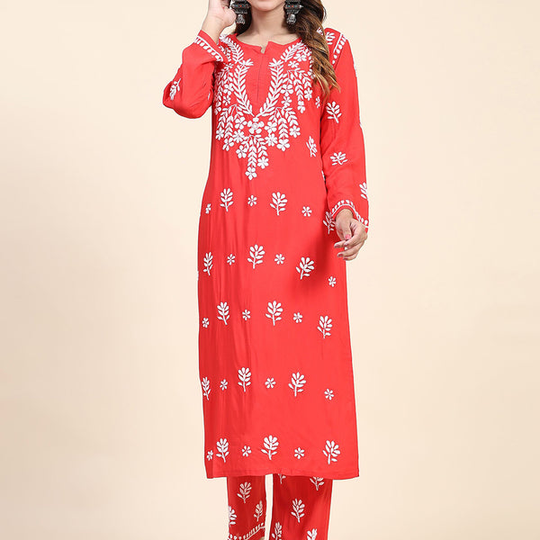 HOUSE OF KARI Floral Embroidered Chikankari Pure Cotton Straight Kurta With Trousers - Distacart