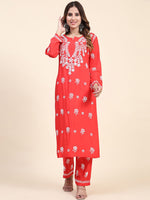 Thumbnail for HOUSE OF KARI Floral Embroidered Chikankari Pure Cotton Straight Kurta With Trousers - Distacart