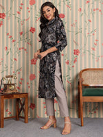 Thumbnail for Ode by House of Pataudi Floral Printed Regular Chanderi Silk Kurta with Trousers - Distacart