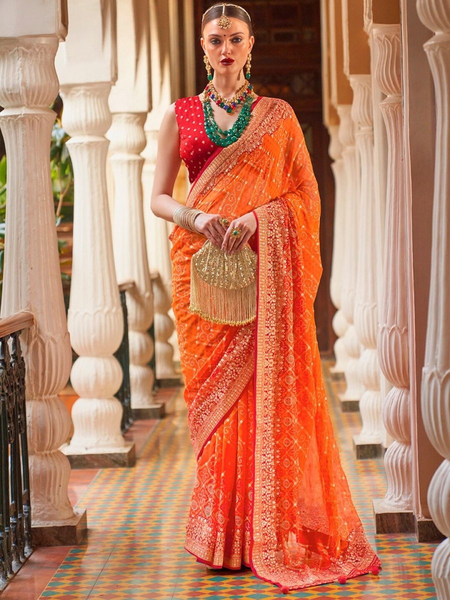 Anouk Orange & Red Bandhani Beads and Stones Pure Georgette Saree - Distacart