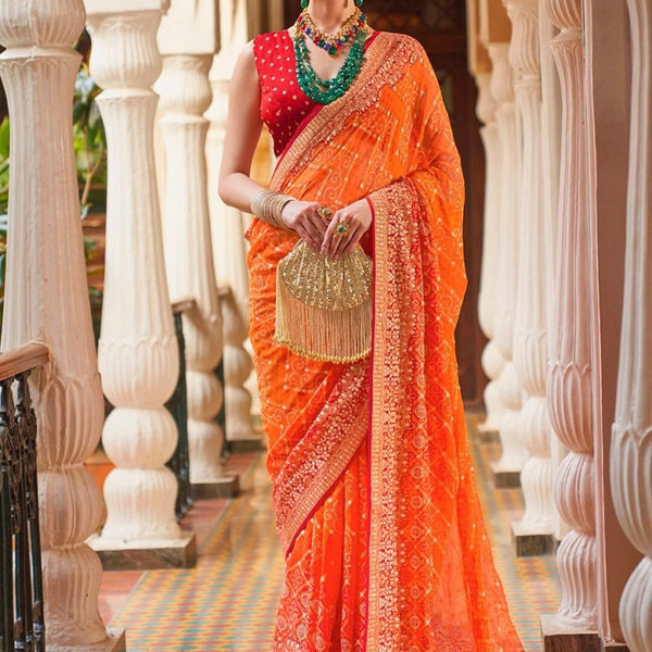 Anouk Orange & Red Bandhani Beads and Stones Pure Georgette Saree - Distacart