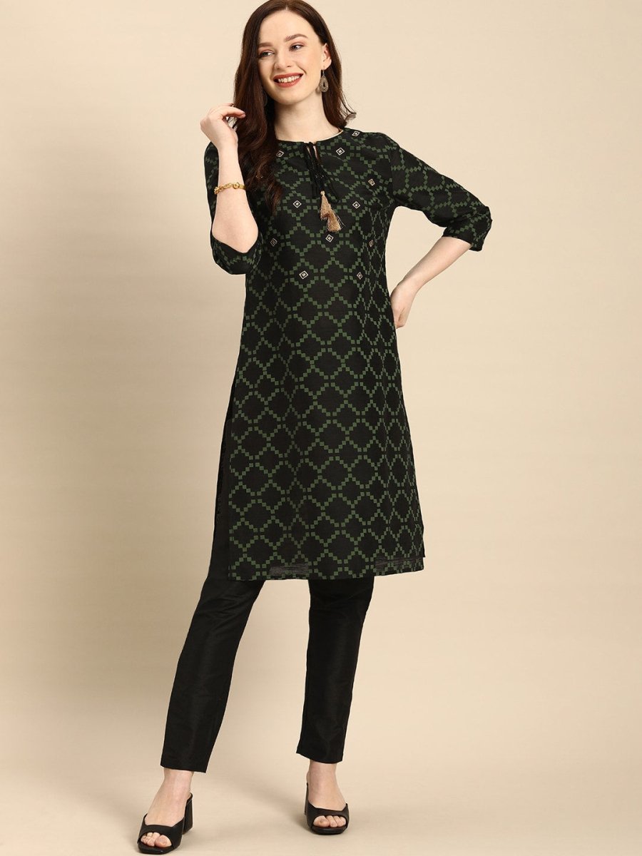 All About You Women Black & Green Printed Kurta with Trousers - Distacart