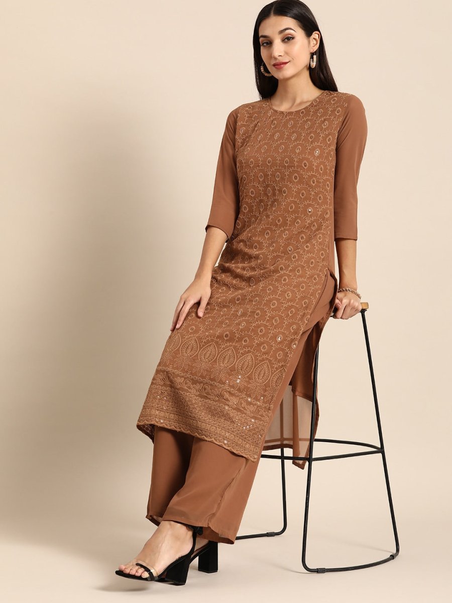 All About You Women Brown Ethnic Motifs Embroidered Chikankari Kurta with Palazzos - Distacart