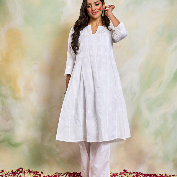 HOUSE OF KARI Women Notch Neck Floral Embroidered Chikankari Shadow Work Cotton Kurta - Distacart