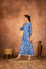 Thumbnail for Joban Fashion Blue Floral Hand Block Printed Cotton Kurta Pant Set - Distacart