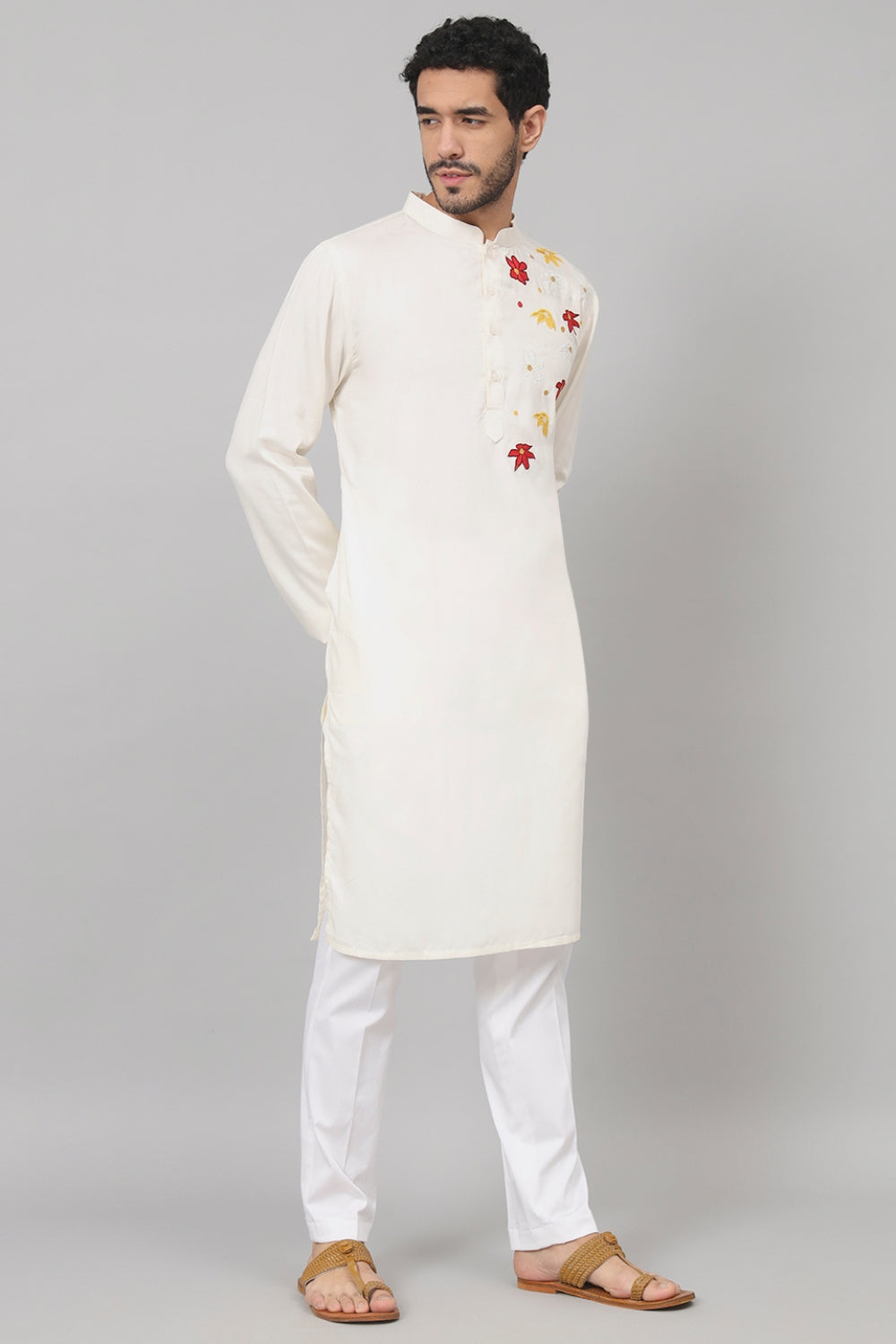 Cotton Kurta With Floral Embroidery Patch Embellishment by Hilo Design - Distacart