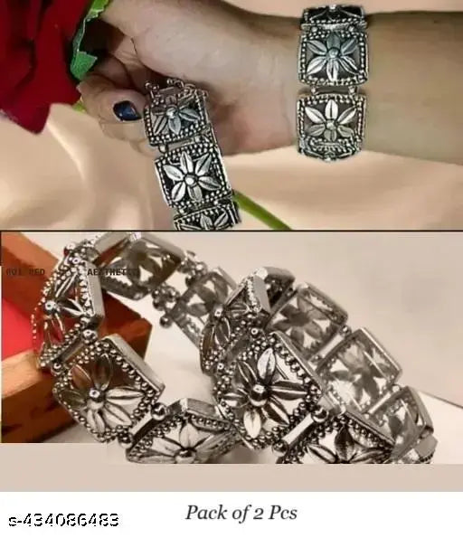 Tehzeeb Creations Women's Silver Plated Oxidised Bangle Set - Distacart