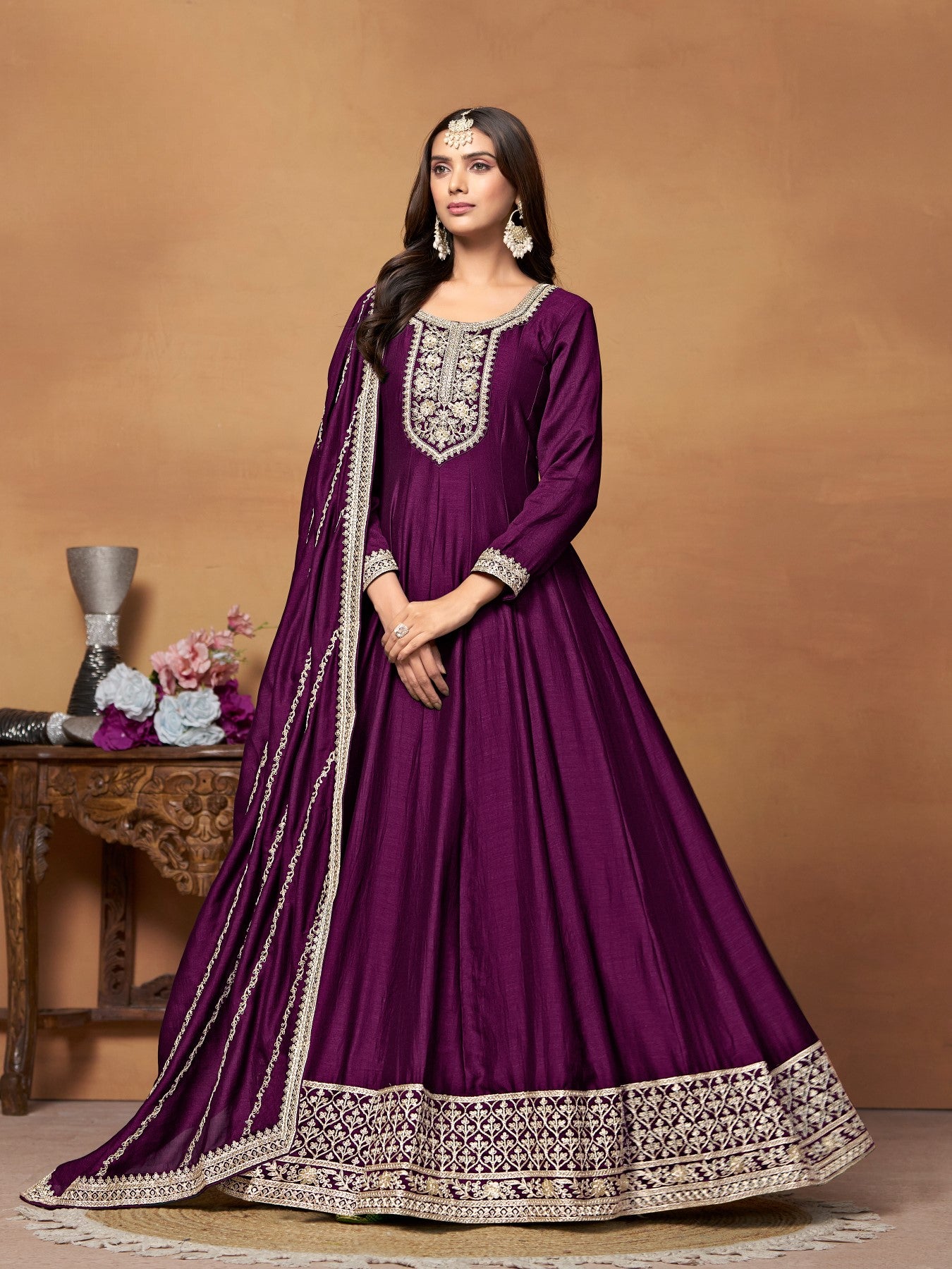 Anaita Wine Embroidered Art Silk Anarkali Suit - Distacart