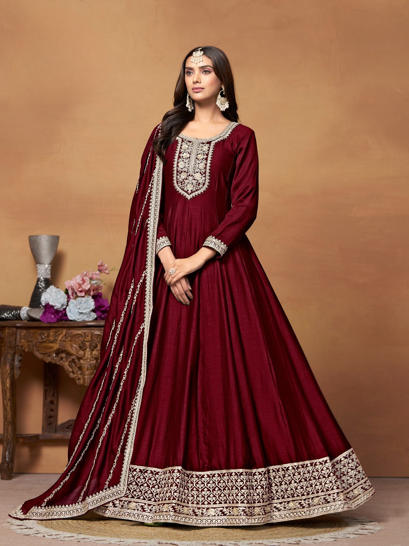 Anaita Maroon Embroidered Art Silk Anarkali Suit - Distacart