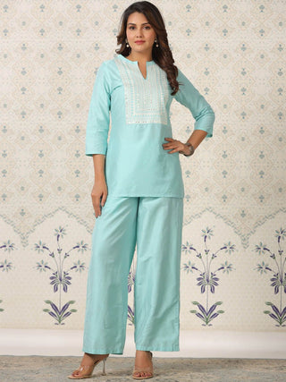 Ode by House of Pataudi Ethnic Motifs Embroidered Mirror Work Kurti with Palazzos - Distacart