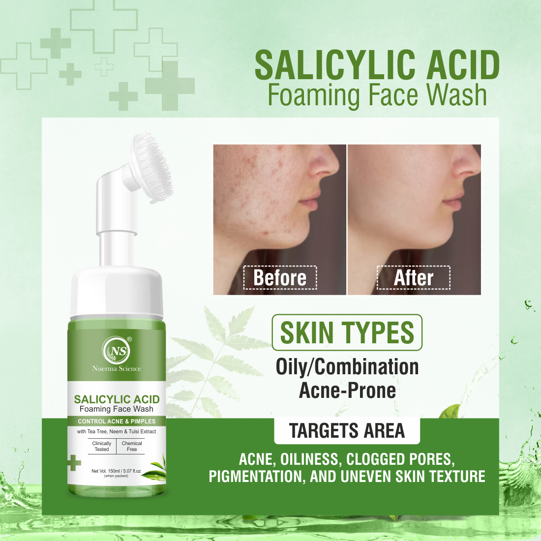 Nuerma Science Salicylic Acid Foaming Face Wash | Controls Acne & Pimples with Tea Tree, Neem & Tulsi Extract