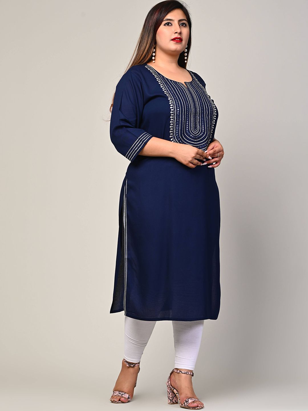 Swasti Women Navy Blue Striped Thread Work Floral Kurta - Distacart