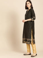 Thumbnail for All About You Women Black & Gold Striped Regular Kurta with Trousers - Distacart