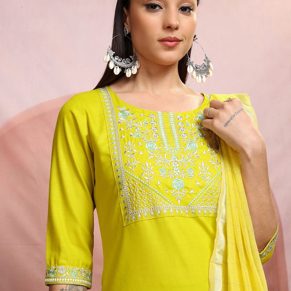 Vishudh Lime Green Floral Yoke Design Thread Work Straight Kurta With Trousers & Dupatta - Distacart