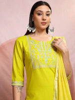 Thumbnail for Vishudh Lime Green Floral Yoke Design Thread Work Straight Kurta With Trousers & Dupatta
