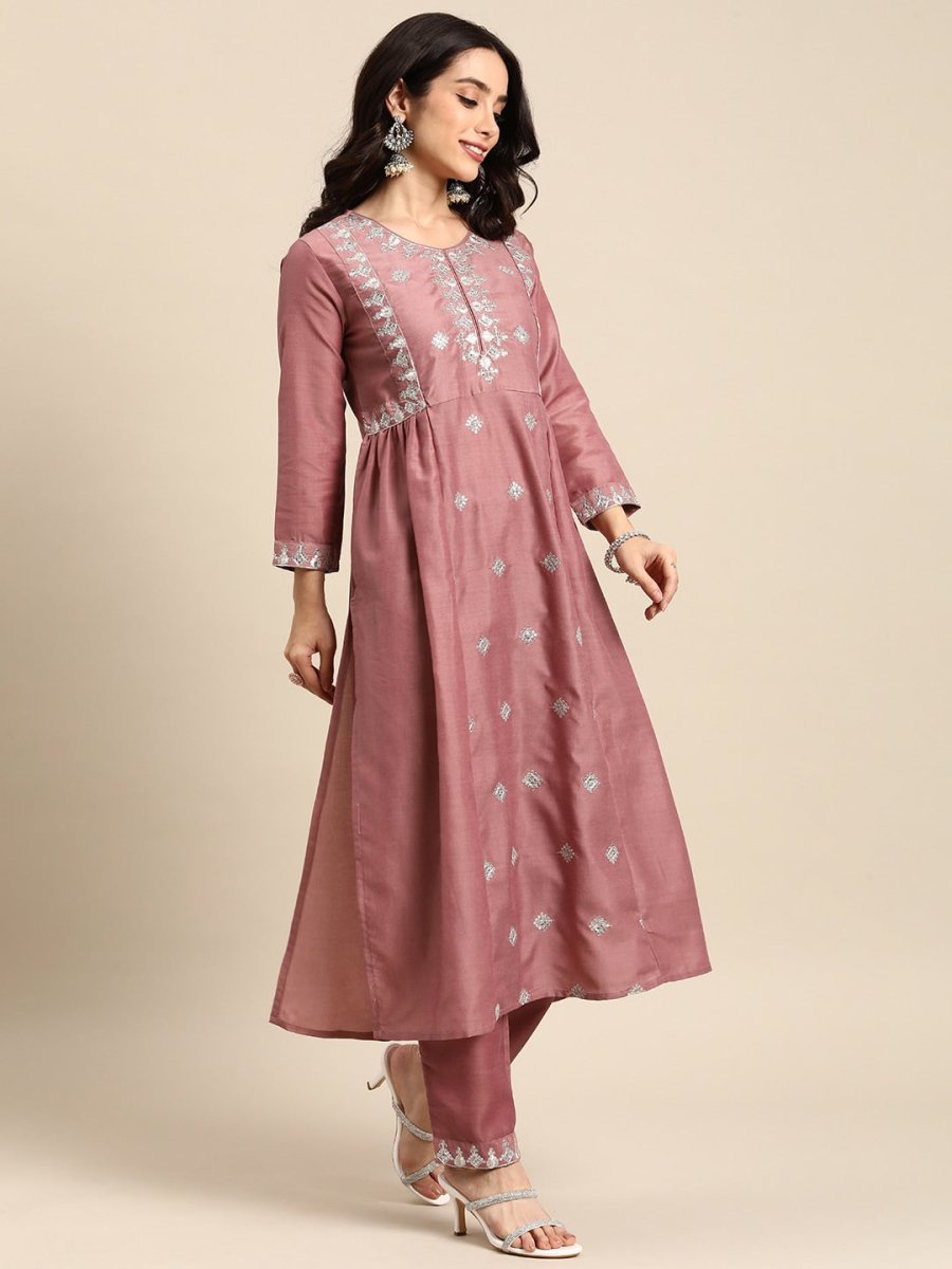 All About You Ethnic Motifs Embroidered Pleated Sequinned Kurta with Trousers - Distacart