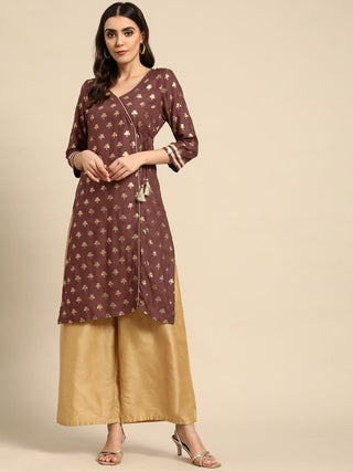 All About You Women Brown & Golden Ethnic Motifs Printed Gotta Patti Kurta - Distacart