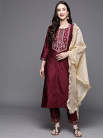 Thumbnail for Indo Era Women Magenta Ethnic Motifs Embroidered Kurta with Trousers & With Dupatta