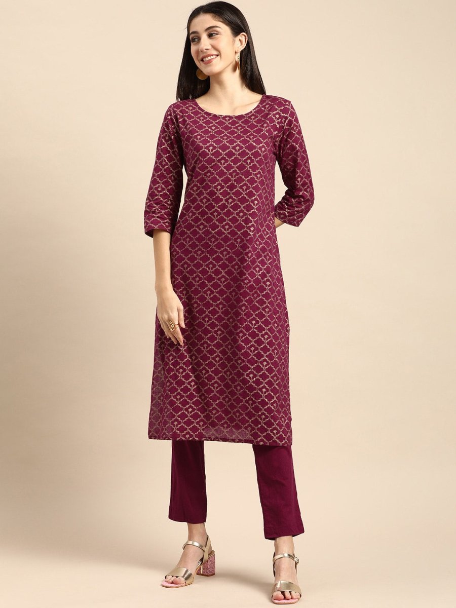 All About You Women Maroon Woven Design Pure Cotton Kurta with Trousers - Distacart