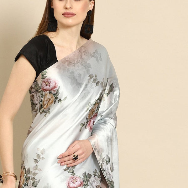 Anouk Sea Green Floral Satin Saree - Distacart