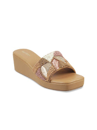 Thumbnail for Metro Gold-Toned Printed Flatform Mules