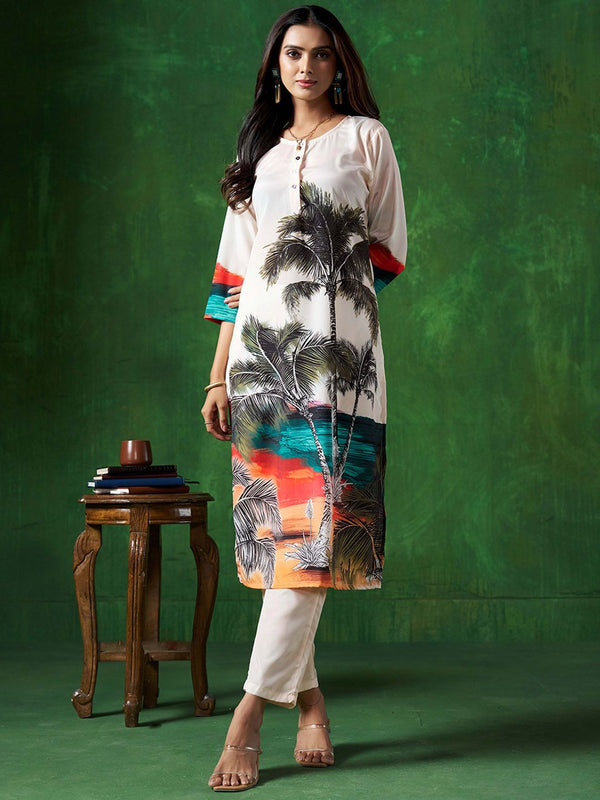 Sangria Abstract Printed Straight Kurta With Trouser