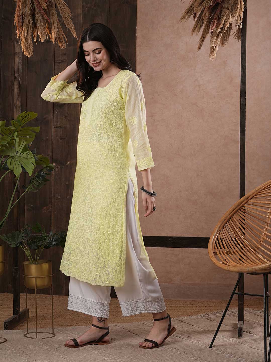ADA Women Yellow & White Hand Embroidered Chikankari Sustainable Kota Handloom Kurta With Matching Slip - Distacart