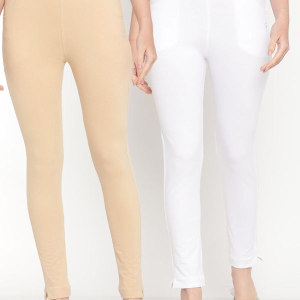 TAG 7 Set Of 2 Beige & White Solid Leggings - Distacart