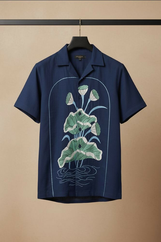 Midnight Bloom — Navy Lotus Embroidered Cotton Shirt by Hilo Design - Dista