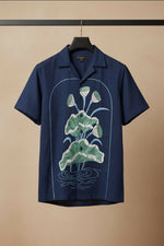 Thumbnail for Midnight Bloom — Navy Lotus Embroidered Cotton Shirt by Hilo Design - Dista