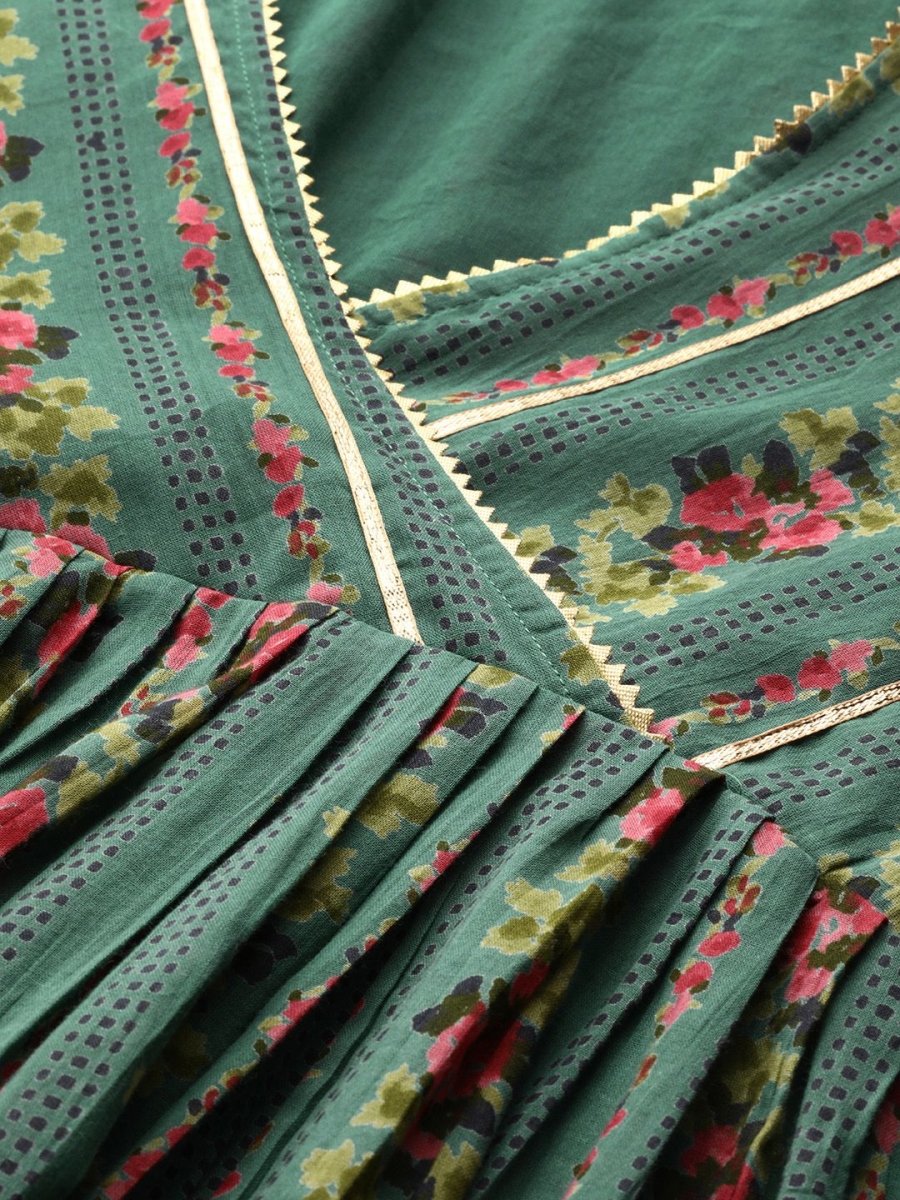 Anouk Women Green & Pink Pure Cotton Floral Printed Gotta Patti Floral Kurta - Distacart