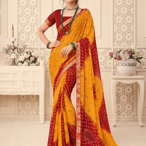 Anouk Yellow Bandhani Printed Zari Pure Chiffon Bandhani Saree - Distacart
