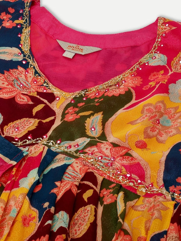 Anouk Floral Printed V-Neck Empire Anarkali Kurta & Trousers With Dupatta - Distacart