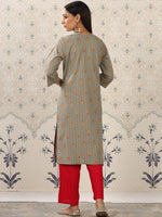 Thumbnail for Ode by House of Pataudi Grey & Red Floral Printed Notched Neck Kurta With Palazzos - Distacart