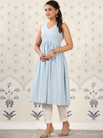 Thumbnail for Ode by House of Pataudi Blue Geometric Printed A-Line Kurta - Distacart