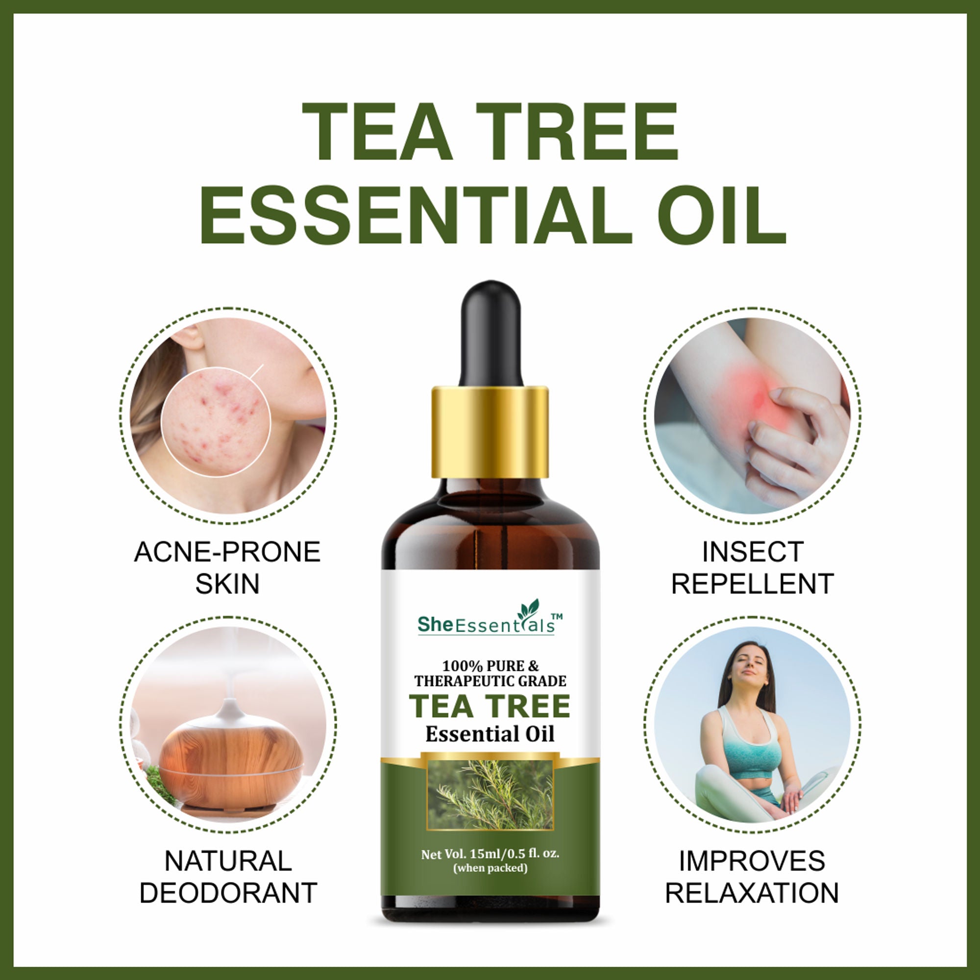 She Essentials Tea Tree Essential Oil For Active Acne & Pimples, Blemishes & Flakes, Organic & Pure