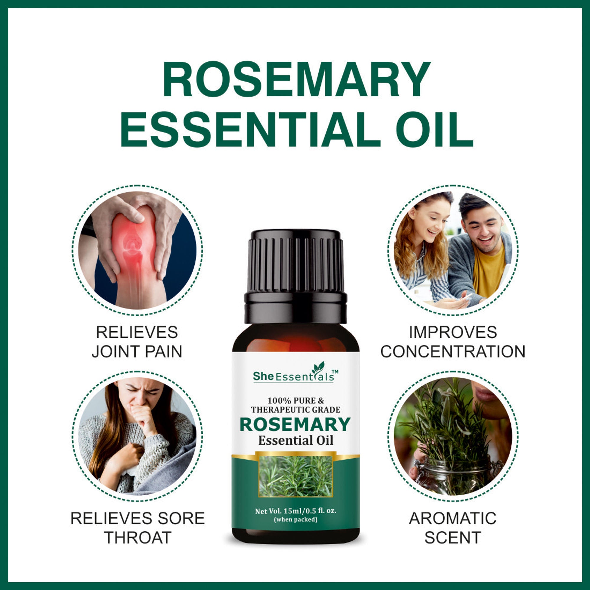 She Essentials Rosemary Essential Oil, Tea Tree & Almond Carrier Oil - Hair Growth & Acne
