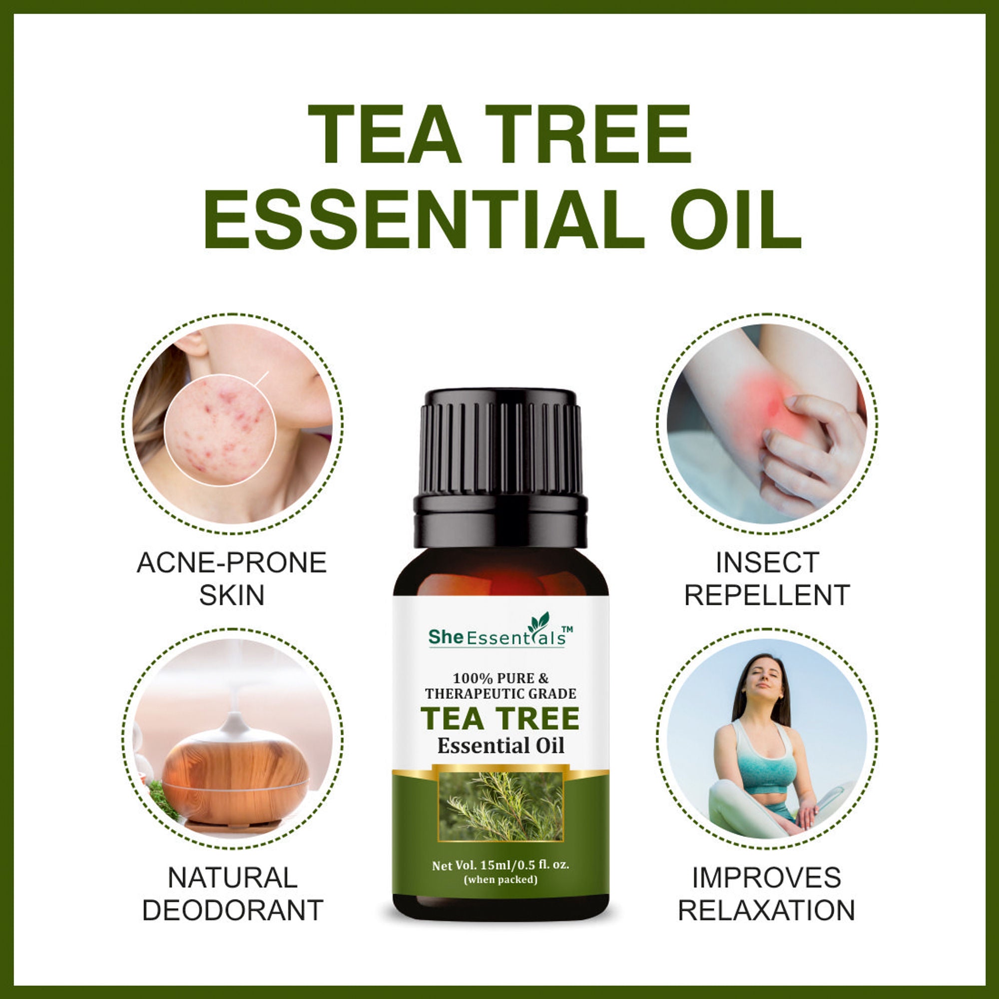 She Essentials Rosemary Essential Oil, Tea Tree & Almond Carrier Oil - Hair Growth & Acne