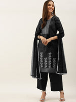 Thumbnail for All About You Women Black & Grey Striped Keyhole Neck Kurta with Palazzos & Dupatta - Distacart