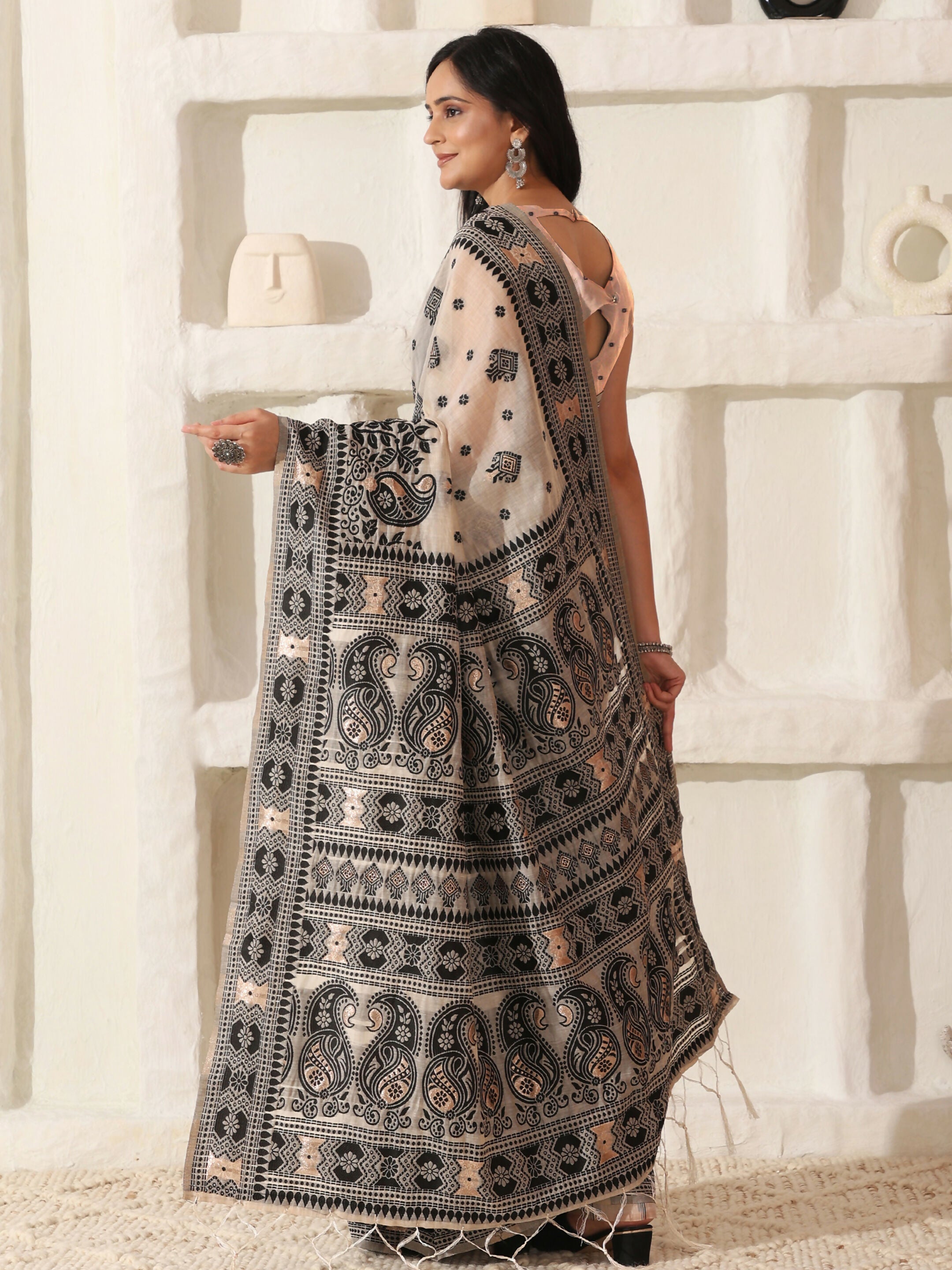 Astita Linen Cotton Black & Cream Saree