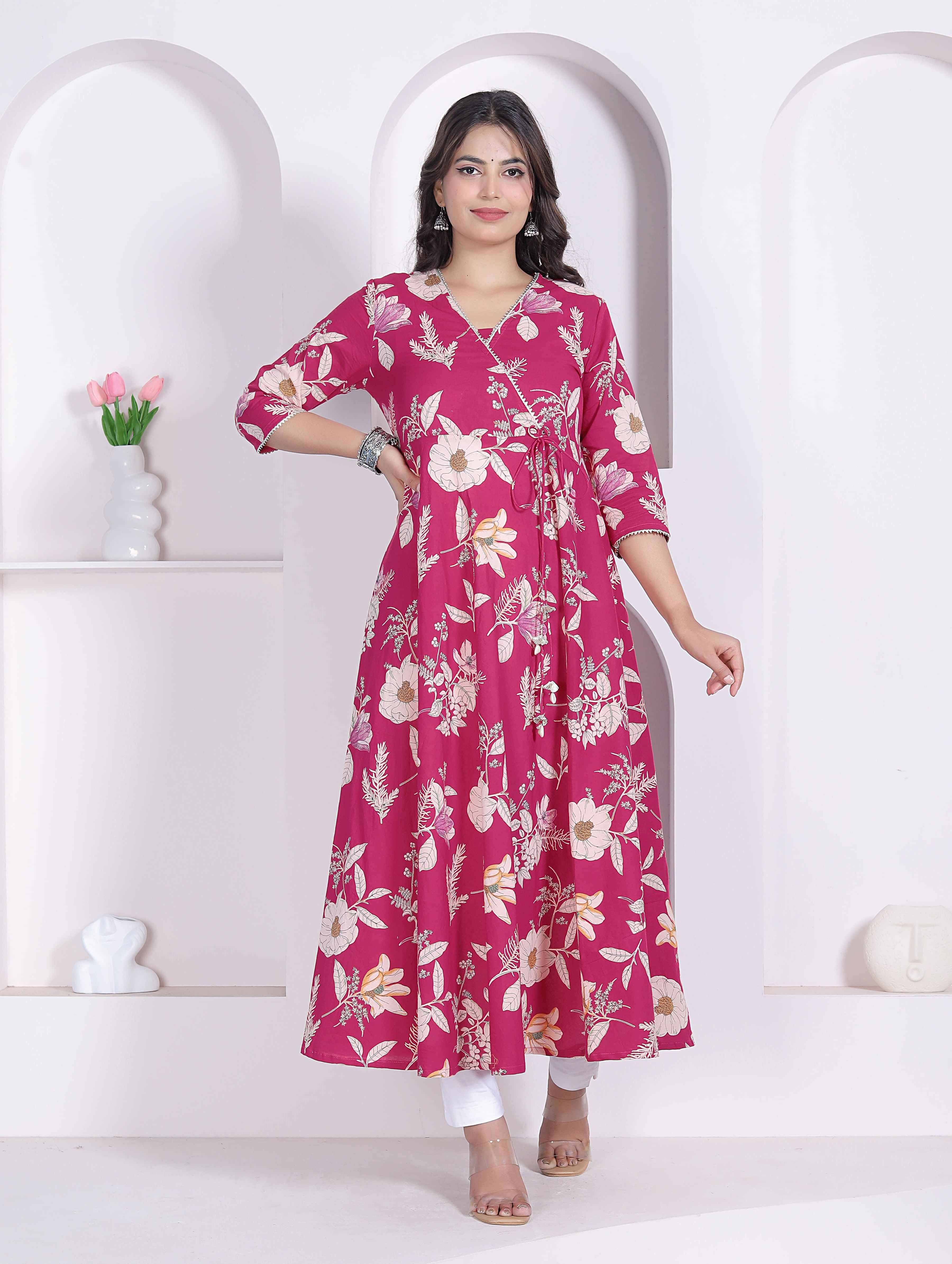 Miravan Womens Pink Floral Printed Angrakha Kurta - Dista