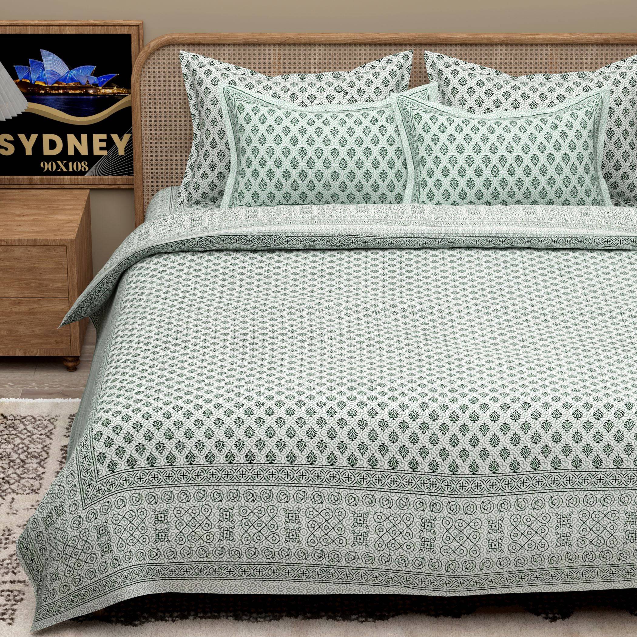 Blue Ethnic Motifs Cotton 200TC King Bedsheet With 2 Zipper Pillow Covers - King Size by House of Ree - Distacart