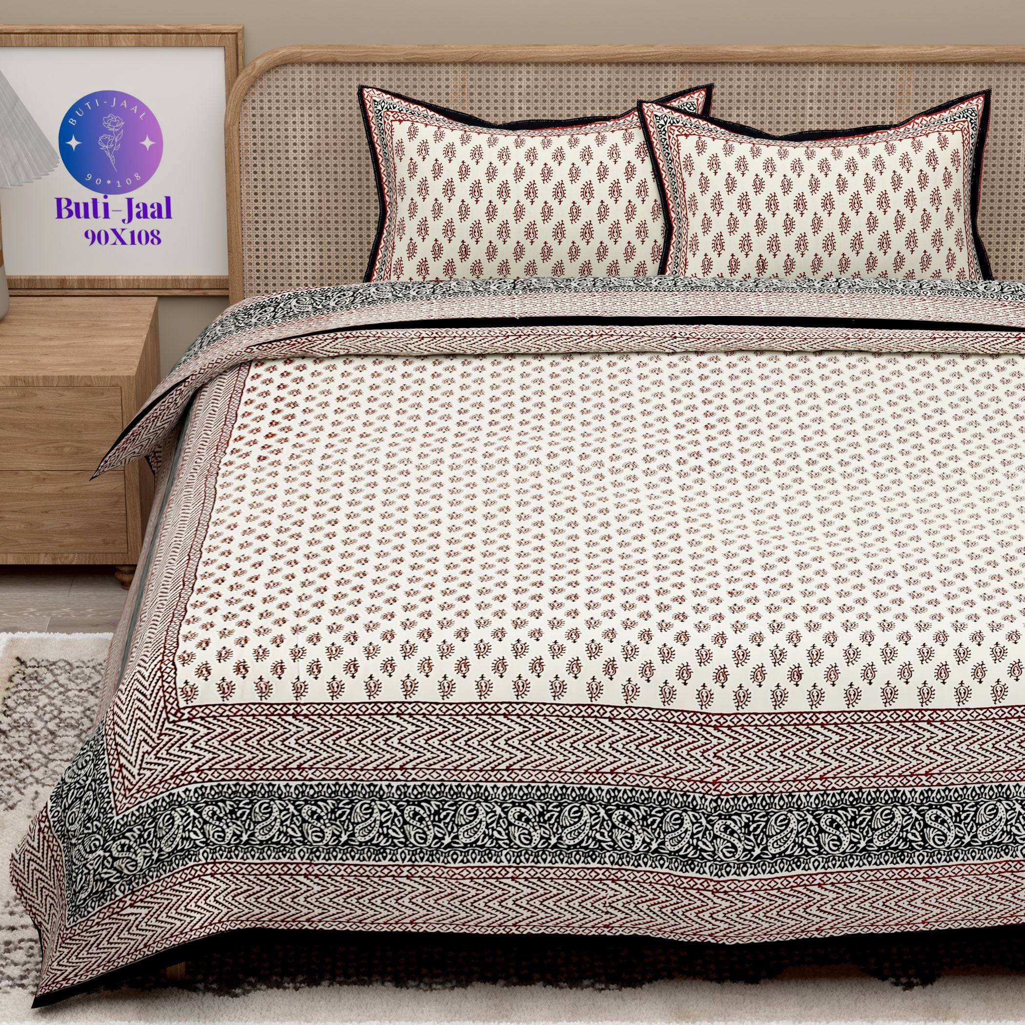 Brown White Handblock Printed Cotton 200TC King Bedsheet With 2 Zipper Pillow Covers - King Size by House of Ree - Distacart