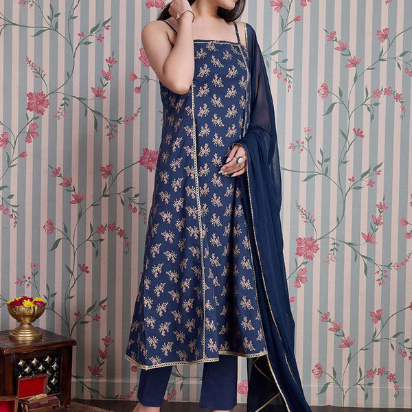 Ode by House of Pataudi Floral Printed Gotta Patti Pure Cotton Anarkali Kurta Set - Distacart